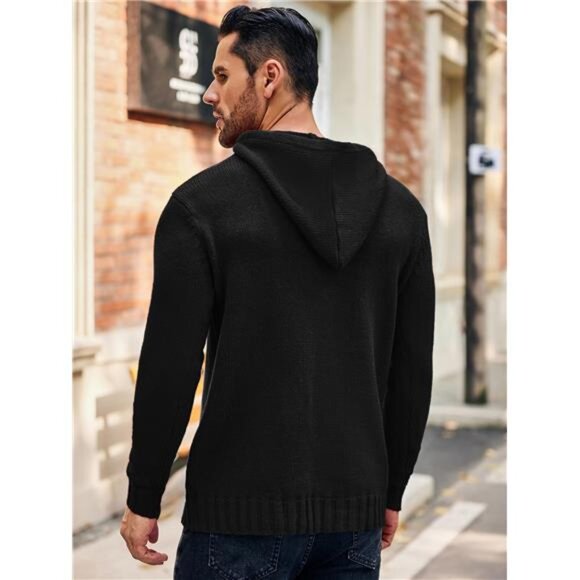 NWT Men's Black Cable Knit Cowl Neck Sweater | Button Detail Pullover - Picture 6 of 6